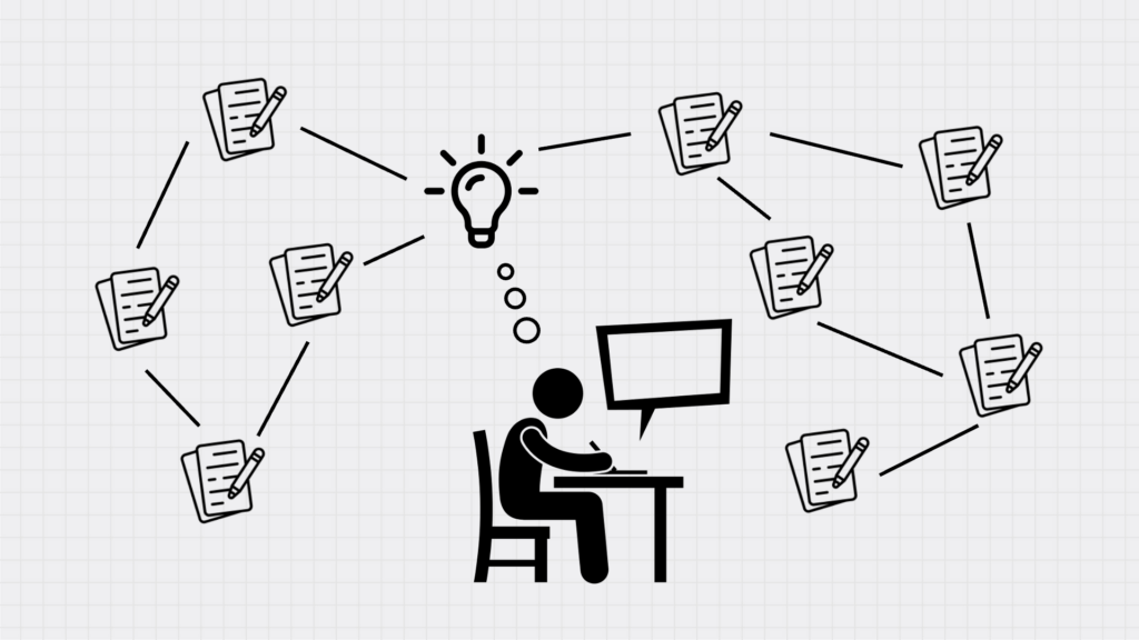 把多張卡片筆記相互連結,自然而然就能形成一片文章,就像積木的排列組合,創意由此產生。