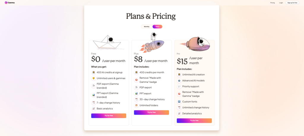 Gamma 的價格方案分為 免費、Plus、Pro，建議若要升級就直上 Pro方案，但免費就很夠用。